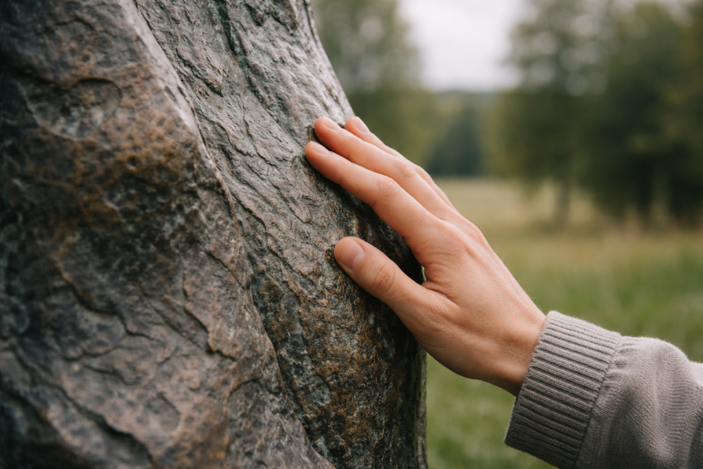 [light] Symbolsk billede til mission/vision: et nærbillede af en hånd, der rører ved en skulptur i naturen, hvor både kunstens materiale og det omkringliggende landskab fornemmes.