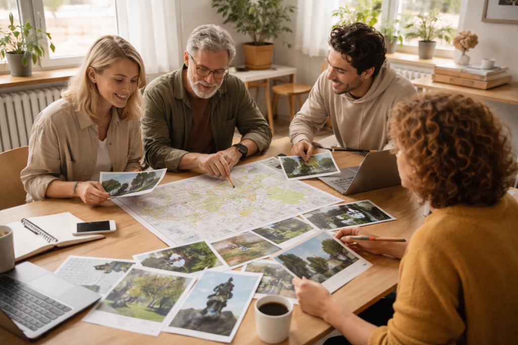[light] Billede til 'Om os': en uformel, kreativ arbejdsstemning ved et langt bord, hvor et lille team planlægger kunstvandringer med kort, bærbare computere og fotoprints af kunst i naturen.