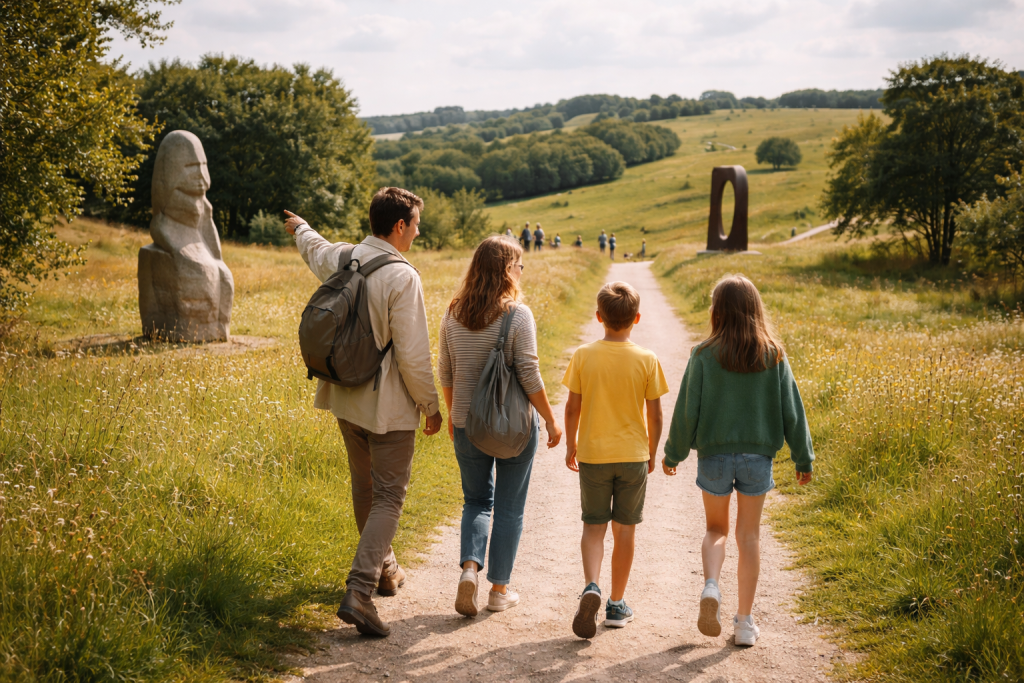 [light] Stemningsbillede til generel brug: en familie eller vennegruppe på tur ad en kunststi, hvor både natur, bevægelse og nysgerrig udforskning er i fokus.
