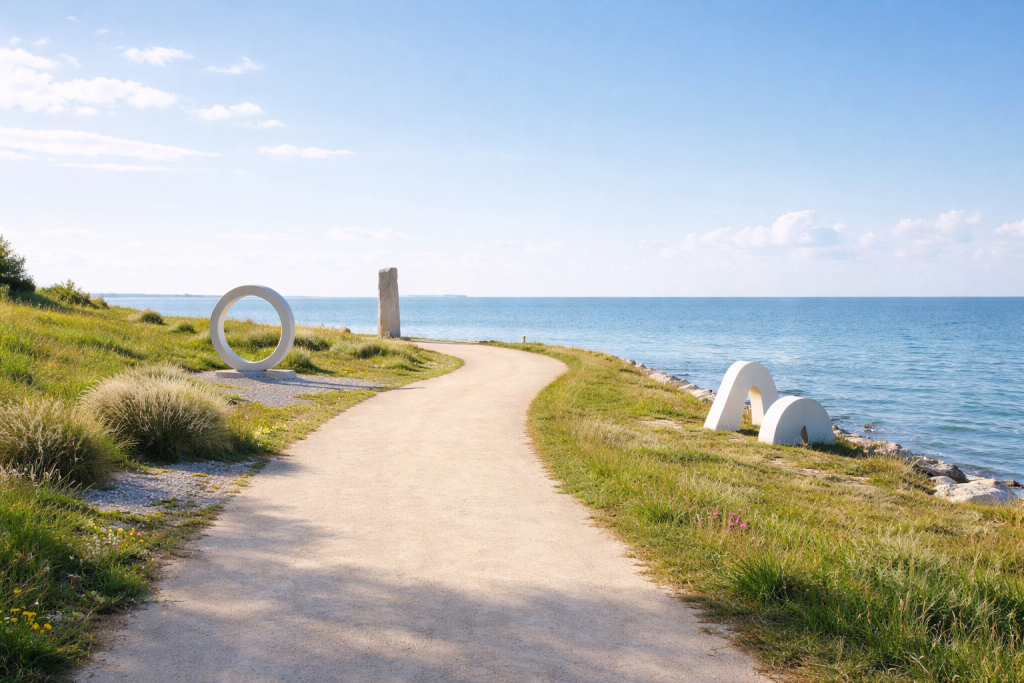 [light] Baggrund til call-to-action: et lyst, optimistisk billede af en åben sti langs vandet med skulpturer og en tydelig horisont, der inviterer til at gå på opdagelse.