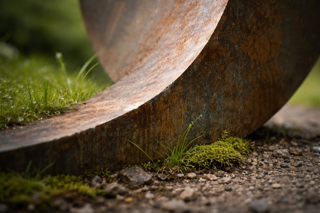 [dark] Detaljebillede: et tæt udsnit af en skulptur i naturen med fokus på materialer, overfladestruktur og mødet mellem kunstværk og omkringliggende planter/sten.