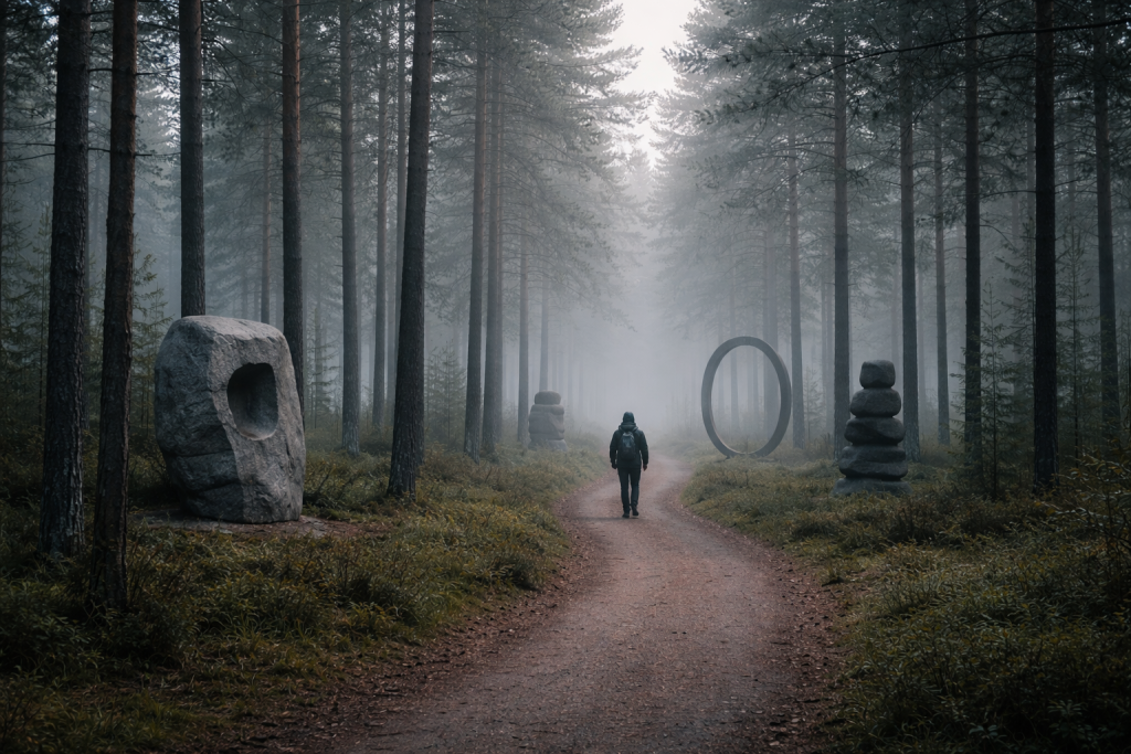 [dark] Sekundær hero til undersider: en skovsti i Norden med markante skulpturer mellem træerne, køligt morgenlys og let tåge, der giver en mere poetisk og eftertænksom stemning.
