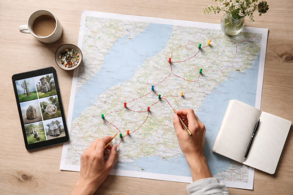 [light] Illustration til service om guider og ruteoversigter: et fugleperspektiv af en person, der planlægger en kunstvandring med kort, tablet og markeringer af kunststeder.