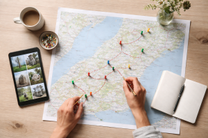 [light] Illustration til service om guider og ruteoversigter: et fugleperspektiv af en person, der planlægger en kunstvandring med kort, tablet og markeringer af kunststeder.