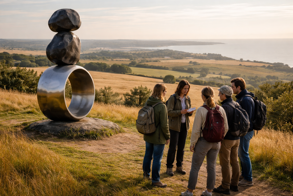 [light] Illustration til service om kuraterede kunststier/oplevelser: en lille gruppe vandrere, der stopper op ved en skulptur med udsigt over landskabet, mens de lytter eller læser om værket.