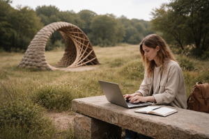 [light] Illustration til service om viden, artikler og formidling: en person, der sidder udendørs med notesbog og laptop, omgivet af kunst i landskabet, mens der arbejdes reflekterende.