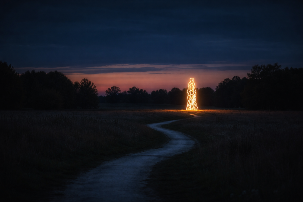 [dark] Baggrund til testimonials: et mere afdæmpet, stemningsfuldt billede af en snoet sti gennem landskabet i skumring, med en enkelt oplyst kunstinstallation i det fjerne.